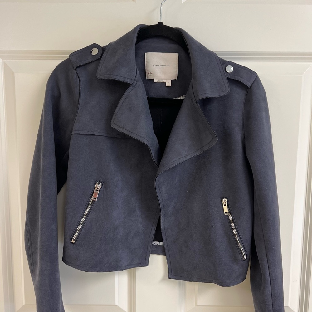 Anthropologie Expressway Moto XS Blue Faux Suede Jacket Boho Casual Chic